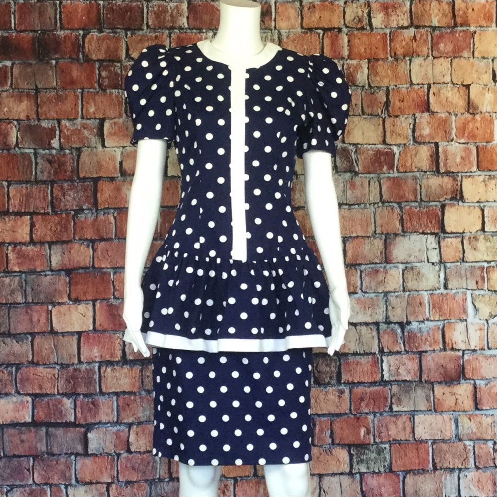 SOLD Vintage 80s Navy & White Peplum Dress
